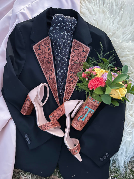 Hand tooled leather western wedding collection of heels, suit coat and bouquet wrap